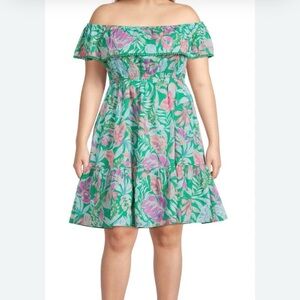 Terra & Sky Off The Shoulder Dress Women’s Plus Size 4X Green Tropical Ruffle